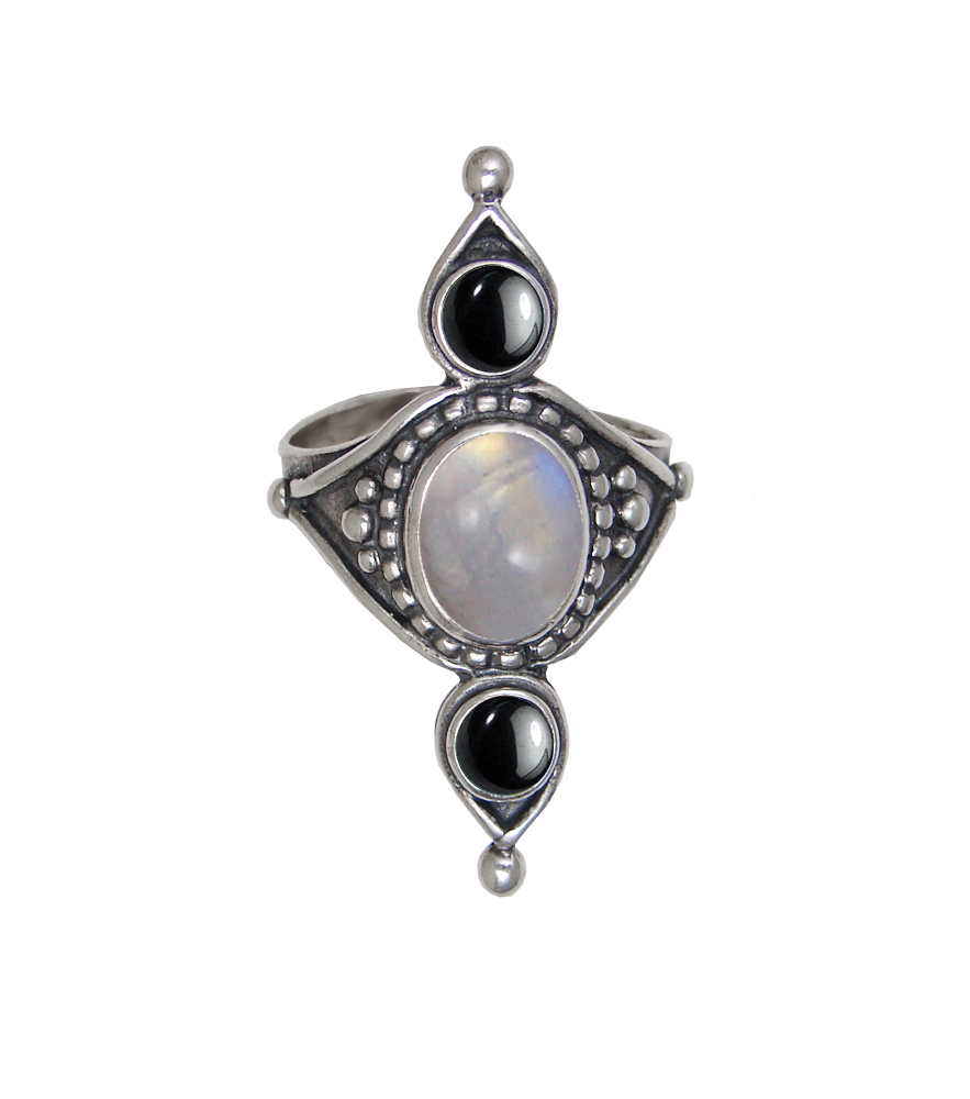 Sterling Silver Royal Ring With Rainbow Moonstone And Hematite Size 9